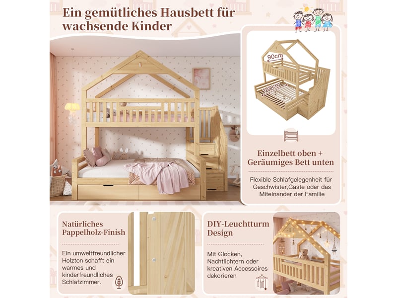  Lit superposé enfant 3 places 90×200 cm et 140×200 cm, 2 tiroirs et escalier  - sans matelas, bois chêne  - Conforama E