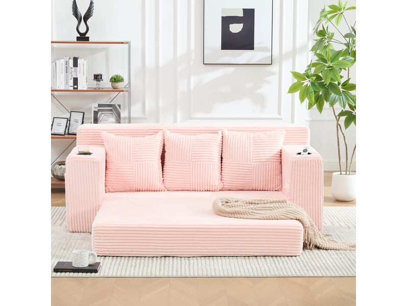  Canapé modulaire 2 places au sol avec porte-gobelets et poches latérales, sans montage, en velours côtelé rose  - Conforama C