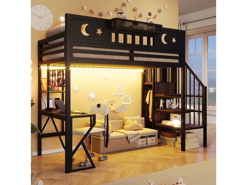  Lit mezzanine 90x200 cm, lit enfant, bureau, panneau perforé, étagères, barrière antichute, port usb, bois et métal noir  - Conforama D