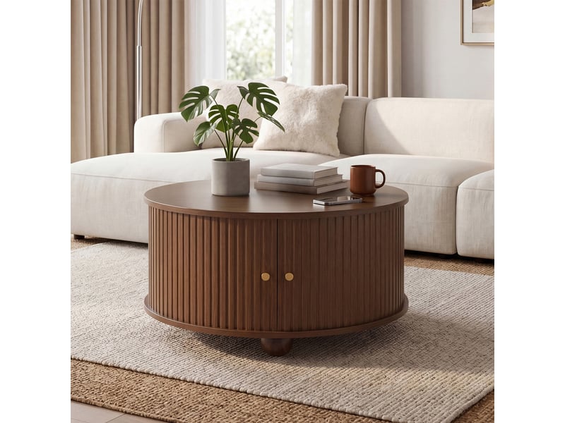  Table basse rond 72x72x38 cm ,2 portes coulissantes,4 compartiments,meuble salon avec relief vertical, pieds métal sphériques, mdf, noyer BUYDEEMEUS - Conforama B