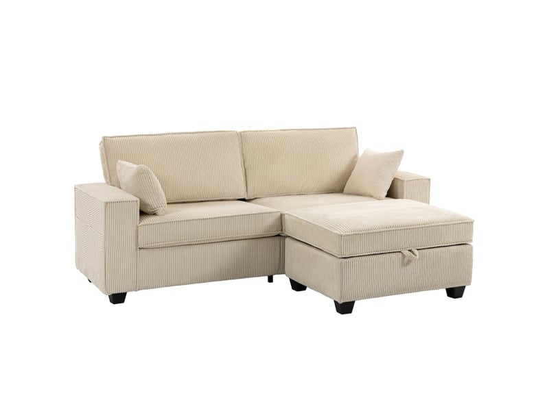  Canapé d'angle, canapé 3 places, en velours tricoté, beige, avec pouf, mobilier pour espace de vie, pour salon et séjour  - Conforama C