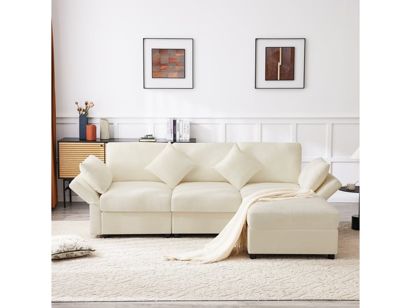  Canapé d'angle, canapé convertible, 3 places, en tissu chenille, beige, adapté à l'espace de vie, avec pouf  - Conforama W