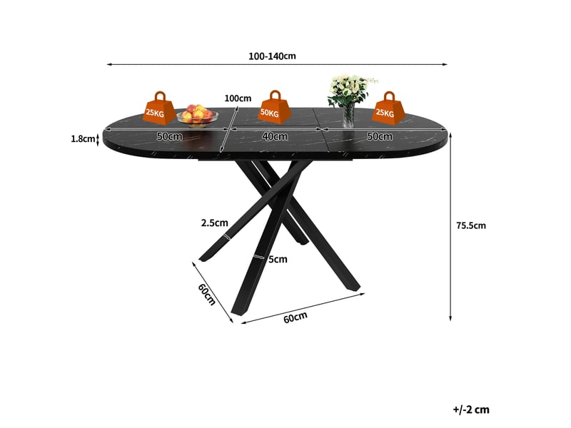  Table ronde extensible, 100-140 cm, x h 75.5 cm, design moderne, pratique, plateau mdf, piètement métal, coloris noire  - Conforama C