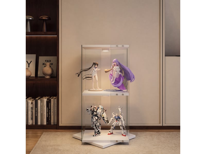  Vitrine en verre avec éclairage,rotation à 360°,82 x 38 x 38 cm,à deux niveaux,blanc  - Conforama D