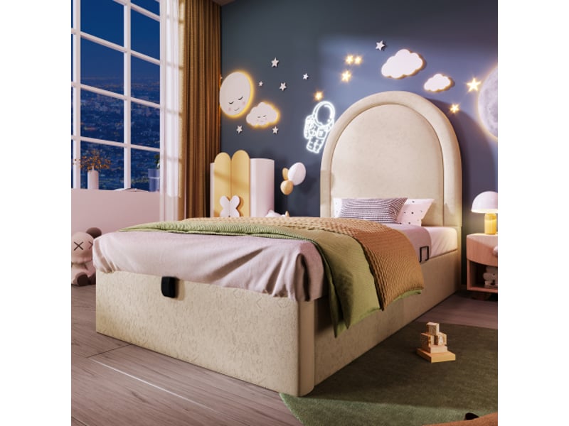 Lit coffre 90x190 cm, lit enfant avec tête de lit rembourré, en pu beige, sans matelas  - Conforama C