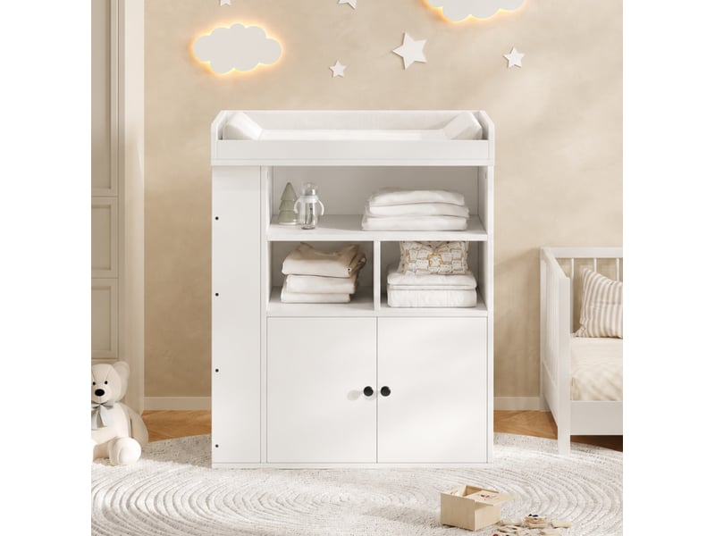  Table à langer bébé 2-en-1 82x50x100 cm, meuble de rangement, barrière amovible, deux portes, mdf blanc  - Conforama B