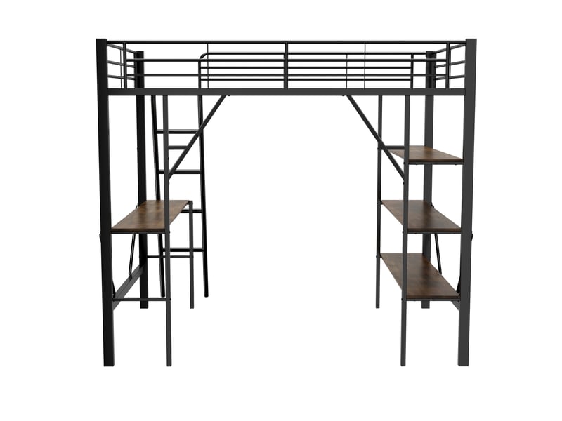  Lit mezzanine en métal 90x200 avec bureau et 3 étagères, cadre robuste avec échelle, lit mezzanine noir pour adulte et enfant.  - Conforama R