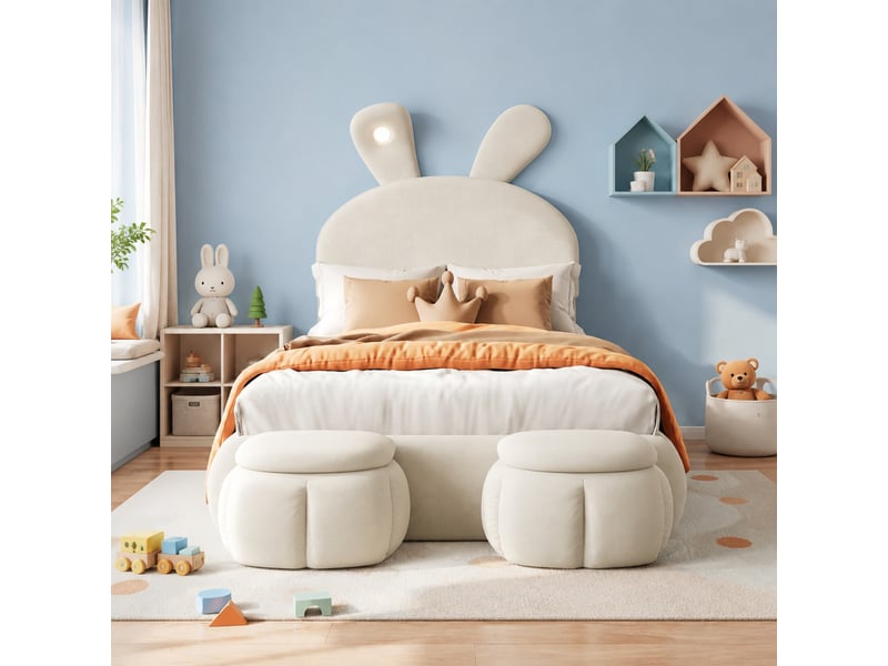  Lit enfant en velours beige, lit simple avec oreilles de lapin, led réglable et 2 poufs, 90x200 cm, sans matelas  - Conforama B