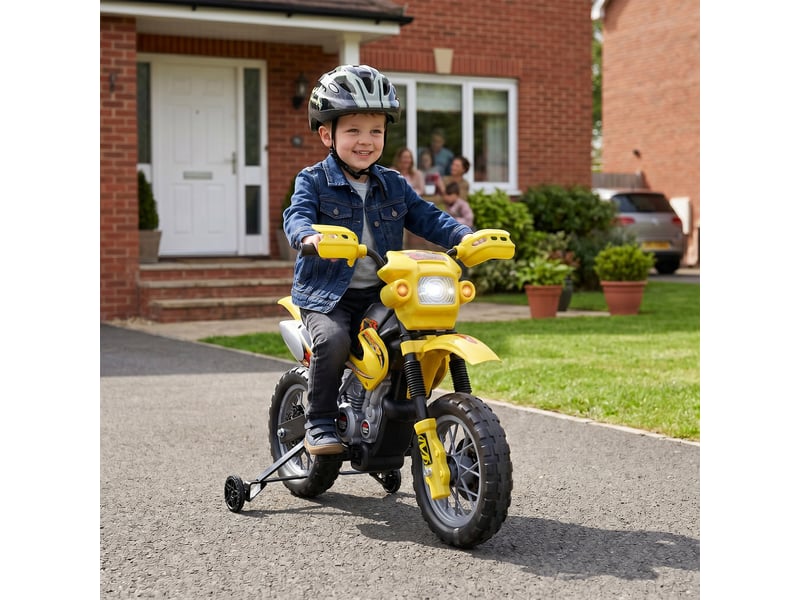  Moto électrique pour enfants de 3 à 6 ans avec stabilisateurs amovibles, phares et musique, jaune.  - Conforama D