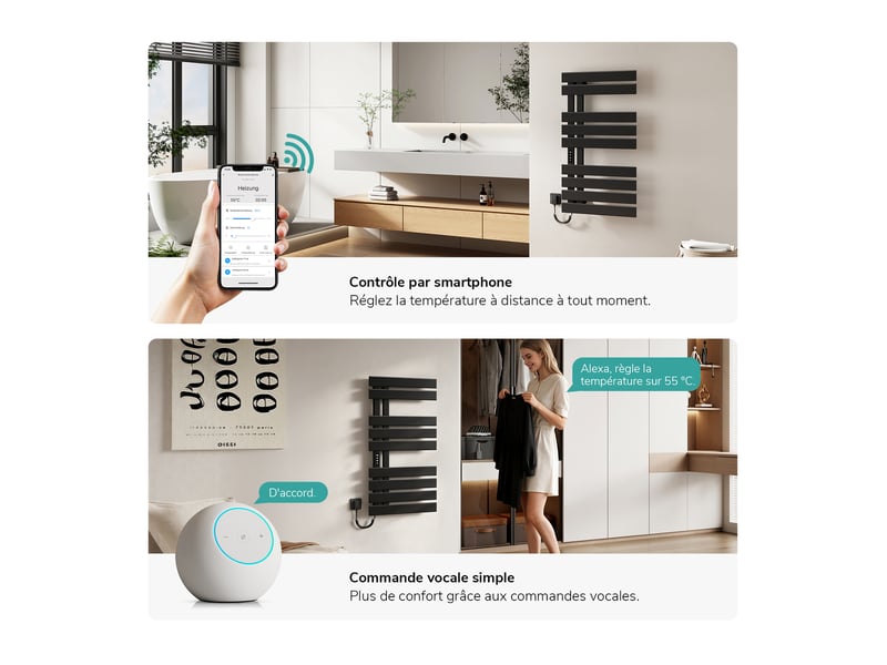 Sèche-serviettes électrique intelligent emke 1000 x 500 mm 320w, radiateur salle de bain connecté wifi, noir - Conforama C