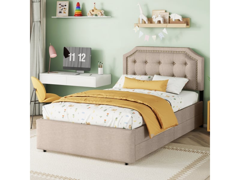  Lit enfant  90x200 cm lit simple avec tiroirs et rivets décoratif, tissu en lin, beige foncé, sans matelas  - Conforama C