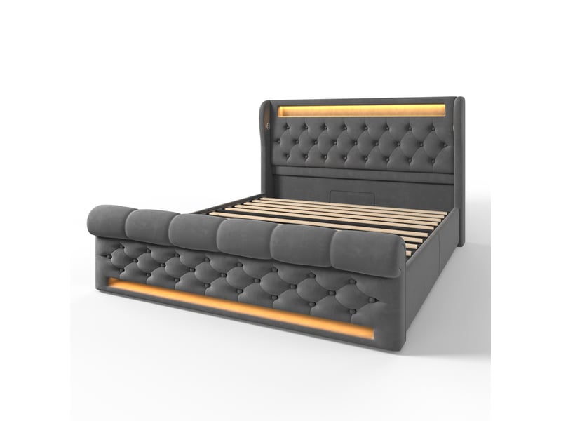 Lit double adulte,160x200 cm,avec led et rangement hydraulique,velours,gris - Conforama D