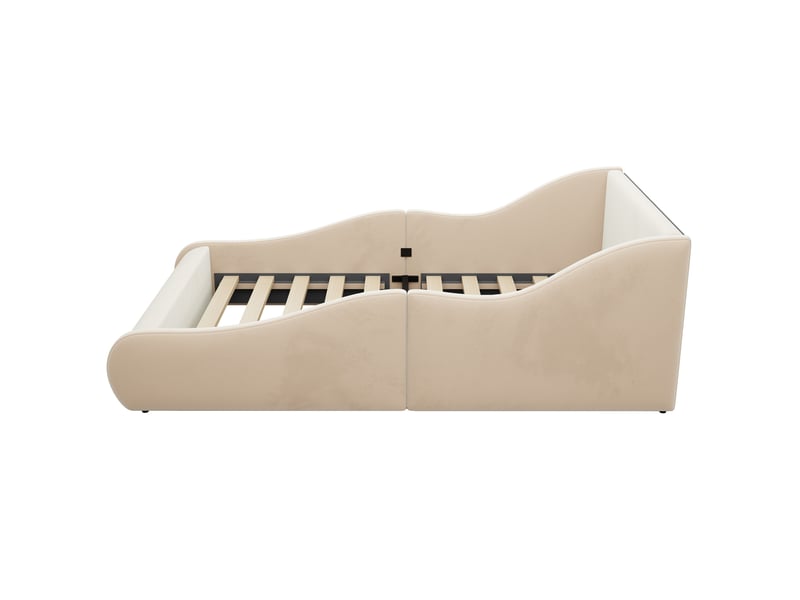  Lit enfant 90x200 capitonné beige - velours avec barrière de sécurité et tête de lit haute  - Conforama W
