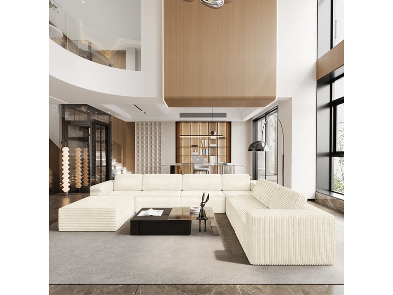  Canapé modulaire panoramique 7 places ouvert à gauche,velours côtelé,1 pouf,canapé compressé pour grand salon,404x303x82cm,beige 404x303x82CM - Conforama B