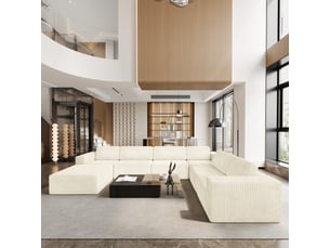 Canapé modulaire panoramique 7 places ouvert à gauche,velours côtelé,1 pouf,canapé compressé pour grand salon,404x303x82cm,beige