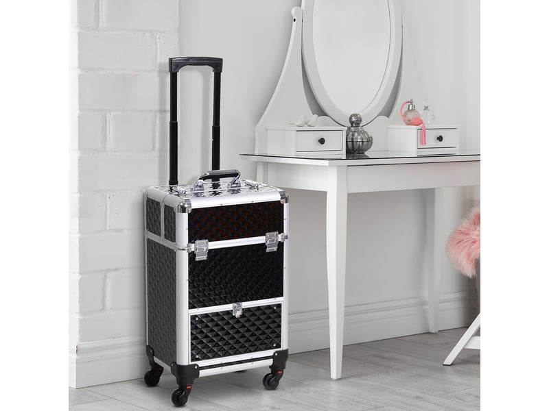 Valise trolley maquillage mallette cosmétique vanity poignée télescopique réglable 34l x 25l x 62h cm alu. Noir  - Conforama C