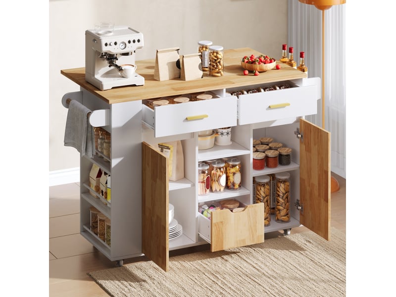 Desserte de cuisine 120x71x90 cm avec plateau rabattable blanc et décor bois - Conforama B