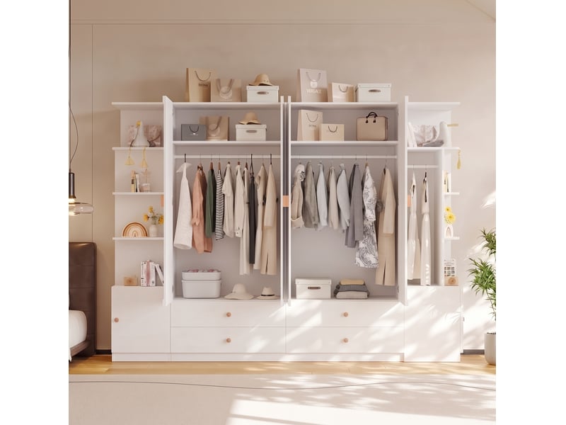 Armoire 6 portes blanche 270 x 45 x 200 cm avec 4 tringles et 4 tiroirs - Conforama E