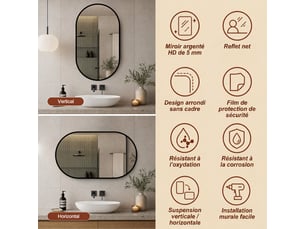 Miroir arqué mural avec cadre noir, 60 x 90 cm