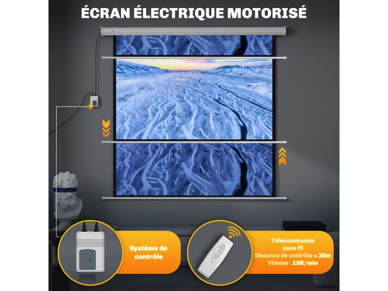  Écran de projection motorisé 85 pouces, 4k hd électrique, panneau de commande et télécommande, montage mural ou plafond  - Conforama W