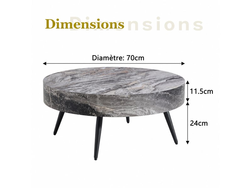  Table basse ronde 70 cm – décor marbre gris, mdf et pieds métal noirs – h. 35,5 cm  - Conforama D