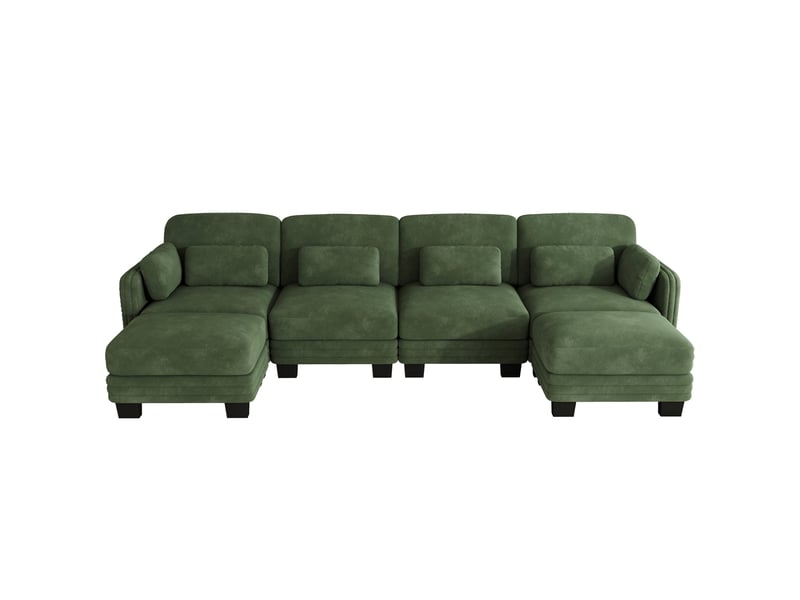  Canapé d’angle 4 places en u, assise large et profonde, design ergonomique, 2 poufs, montage facile, 330 × 143 × 88 cm, vert  - Conforama A
