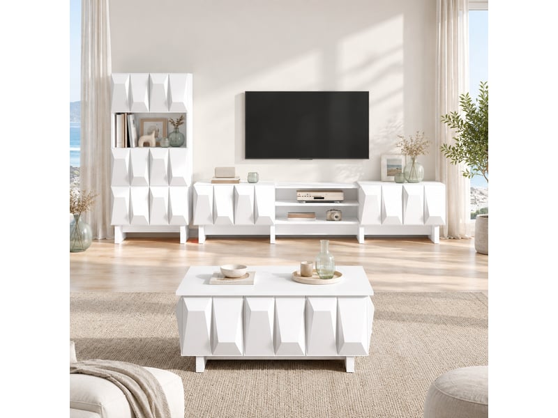  Ensemble meubles de salon 3 pièces avec rangement - lpospi - façades 3d géométriques panneaux de particules blanc  - Conforama B