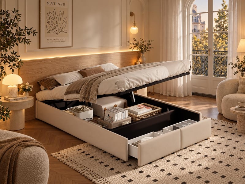  Lit coffre avec tiroirs - 160x200cm - avec rangement hydraulique et sommier à lattes - beige  - Conforama B