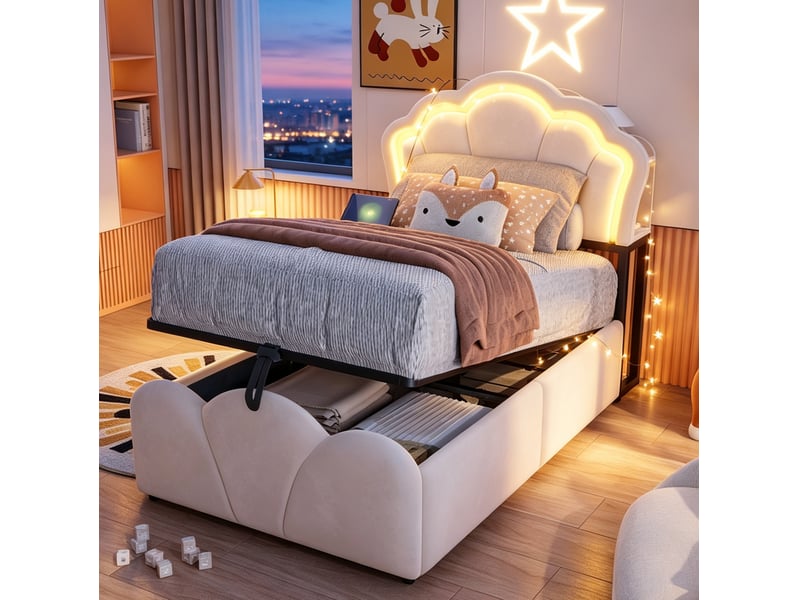  Lit coffre modenvie 90 x 200 cm led, prises intégrées, rangements, velours beige  - Conforama E