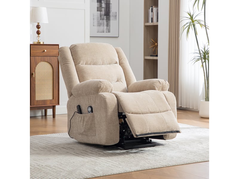 Fauteuil relax électrique releveur massant et chauffant en chenille beige clair Fay Lum - Conforama B