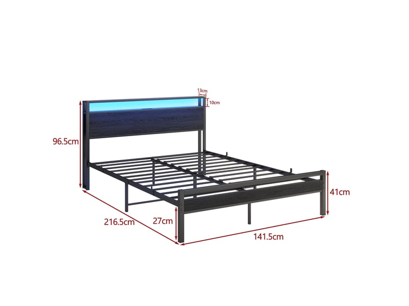  Lit 140x200 avec rangement cadre de lit en métal noir tête de lit étagère led usb  - Conforama C