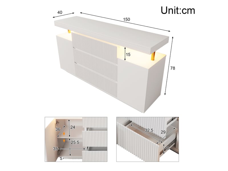 Buffet blanc led 150 × 40 × 78 cm, 6 tiroirs rainurés et 2 portes IKSETERA TRADING LTD - Conforama C