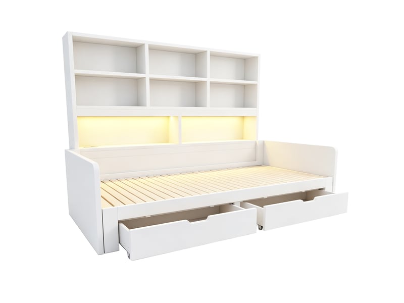  Lit banquette 90x200 cm extensible 180 cm avec rangement led et prises, mdf blanc, sans matelas  - Conforama E
