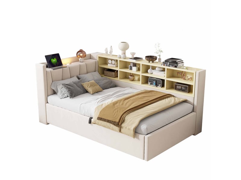  Lit banquette 1 place 90 × 200 cm avec coffre, veilleuse, ports usb, usb-c et étagères, sans matelas, beige  - Conforama A
