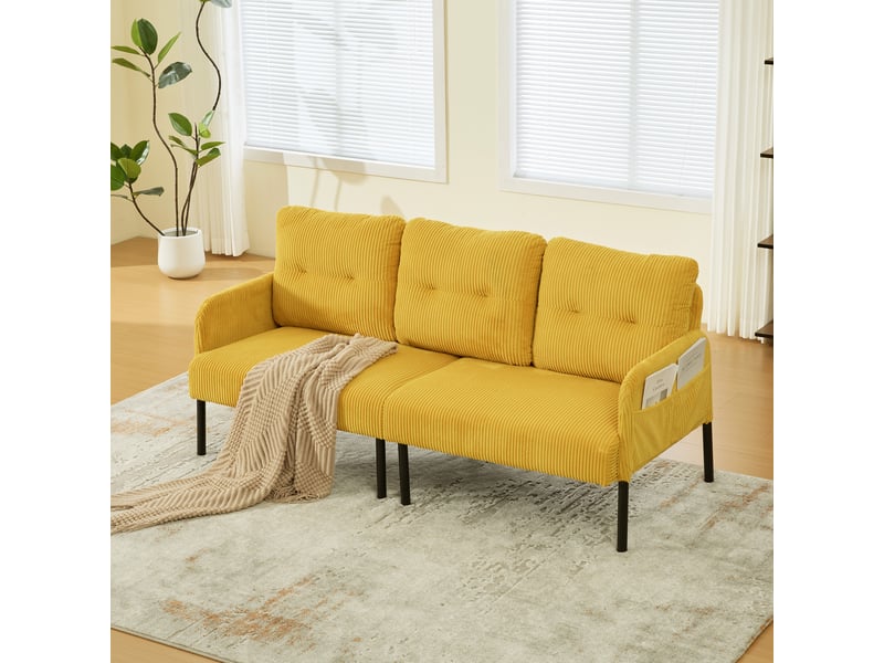  Canapé 3 places 171 x 72 x 80 cm, assise rembourrée, dossier haut, poches latérales, pieds en métal, velours côtelé, jaune Seren Glow - Conforama D