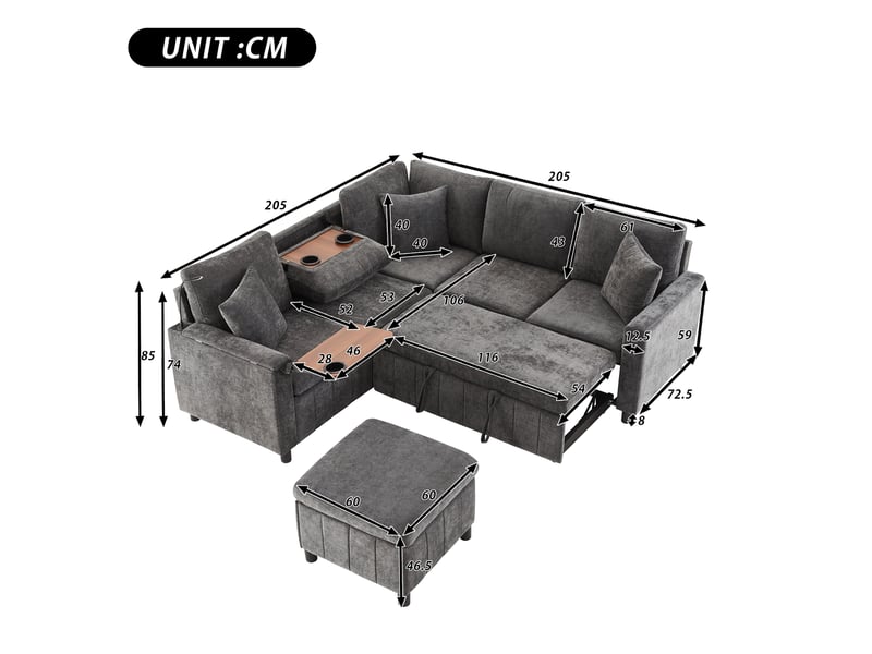  Canapé d'angle convertible en chenille gris avec liseuse et ports usb  - Conforama C