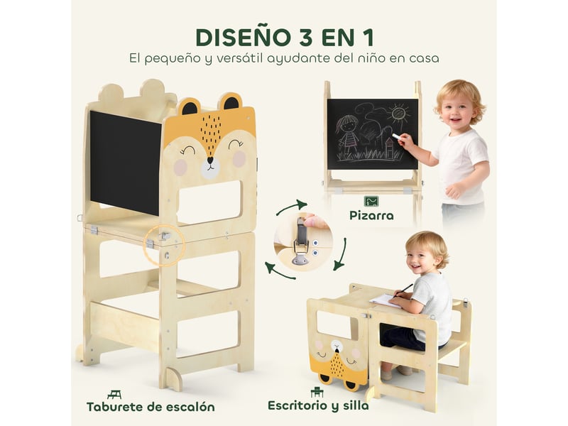  Tour d'apprentissage pliable 3 en 1 transformable en bureau et chaise avec tableau noir, motif renard naturel  - Conforama E