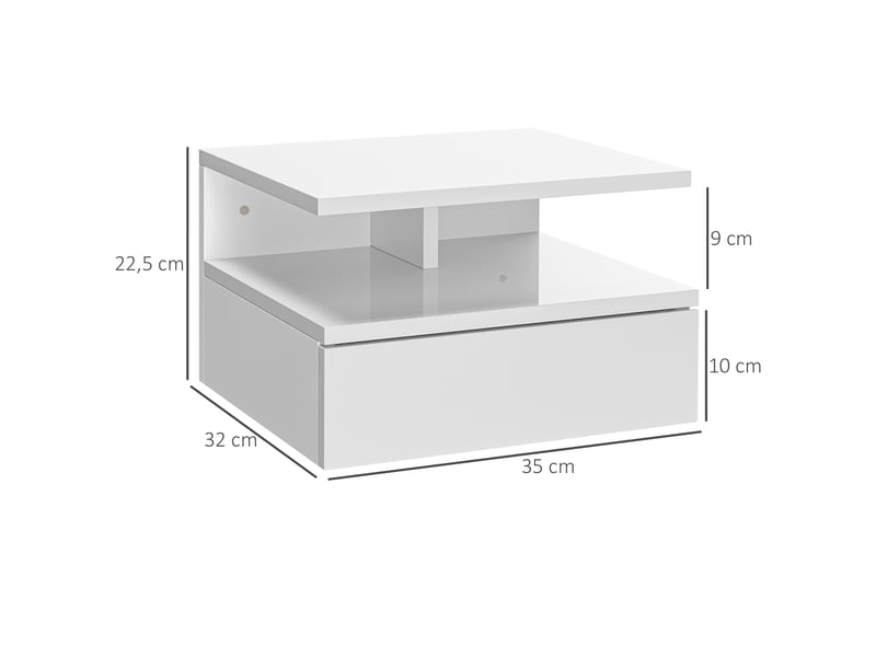  Ensemble de 2 tables de chevet suspendues avec 1 tiroir et une étagère ouverte pour chambre à coucher, 35 x 32 x 22,5 cm, blanc  - Conforama E