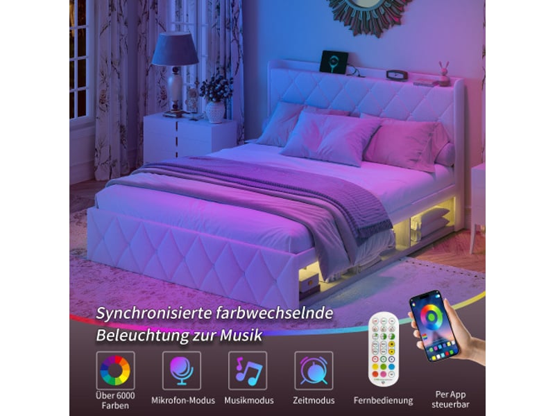 Lit capitonné 160x200 cm, peluche blanche, usb intégré, led latérales, 6 tiroirs - Conforama D