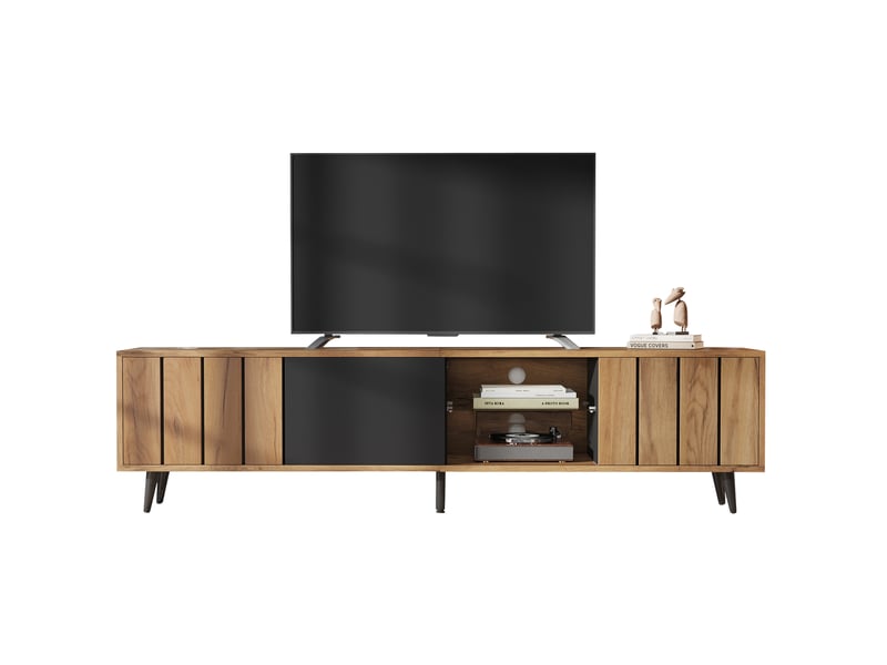  Meuble tv tcqpz 175 x 31,5 x 45 cm avec 3 portes et étagère centrale en verre bois et noir pour téléviseur jusqu'à 75 pouces  - Conforama A