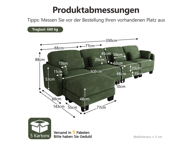 Canapé d’angle modulaire tcqpz 4 places 330 x 143 x 88 cm avec ottomane en chenille vert - Conforama C