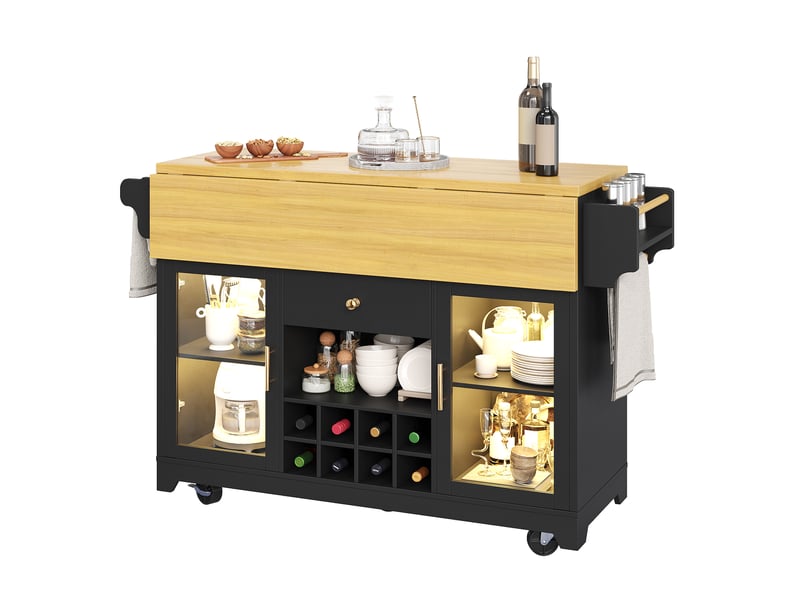 Desserte de cuisine avec 2 portes vitrées, 1 tiroir, led rvb et plateaux rabattables en mdf noir 120 × 80 × 95 cm - Conforama A