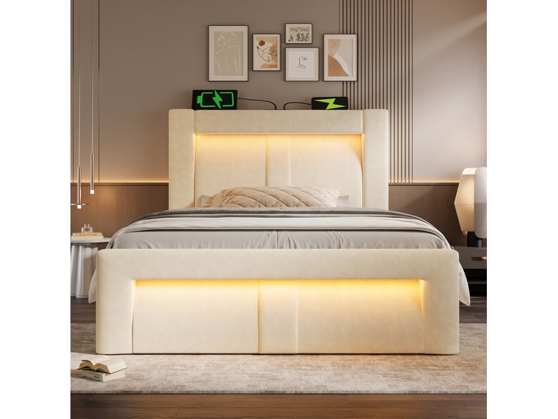  Modenvie lit coffre 90x200 cm - avec rangement, led et ports usb-c, avec matelas - beige  - Conforama D