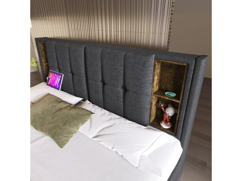 Lit coffre 160x200 avec sommier et matelas, gris, tissu lin, 4 tiroirs, chargeur sans fil usb - Conforama D
