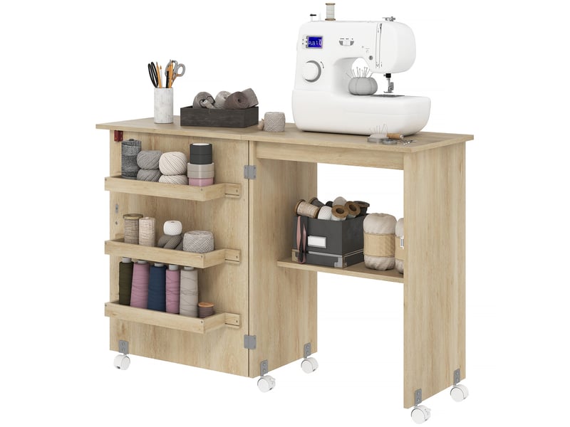  Table de couture pliable sur roulettes - table à rabat - 4 étagères - effet bois clair  - Conforama E