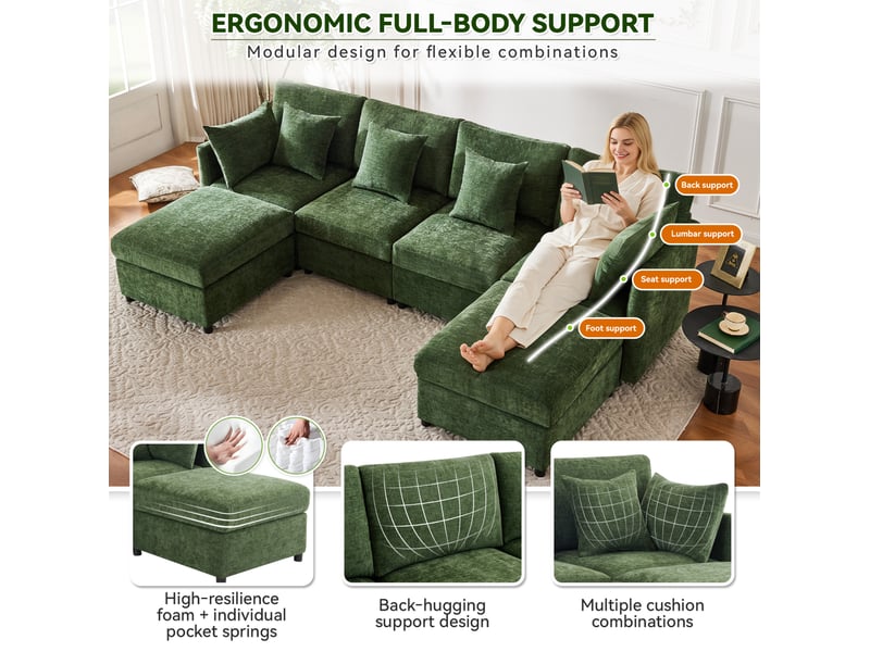 Canapé modulaire 4 à 6 places transformable en u ou l avec 2 poufs et 6 coussins en chenille vert - Conforama E