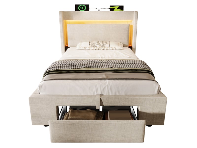  Lit coffre 90x200 cm, rangement hydraulique, tiroirs, tête de lit avec rangement, éclairage led, usb et usb-c pour chambre - beige  - Conforama A