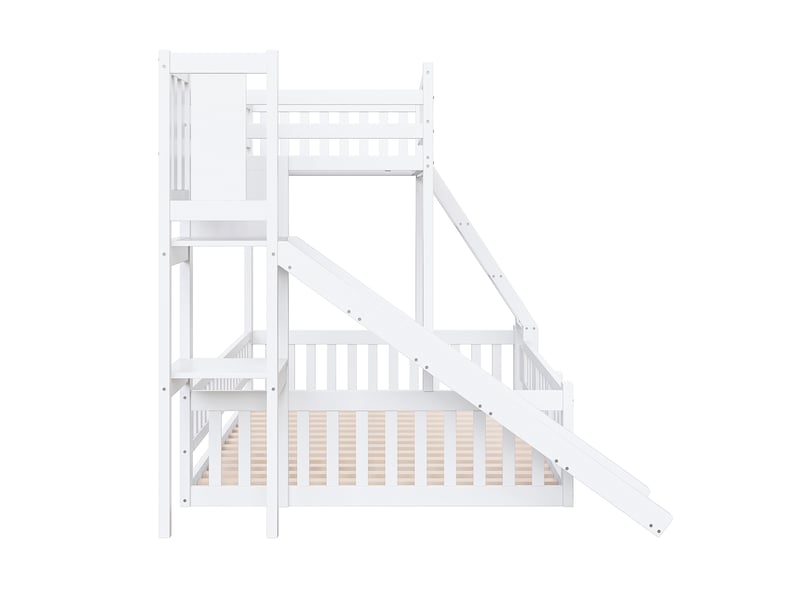  Lit superposé avec toboggan, étagères et porte coulissante, pin blanc, 90x200+140x200 cm  - Conforama E