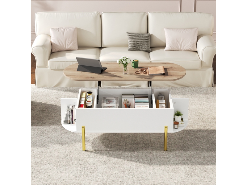  Table basse - tables basses avec plateau réglable, rangement caché et 7 étages, design moderne, bois naturel et blanc, 120 x 50 x 43 cm  - Conforama C
