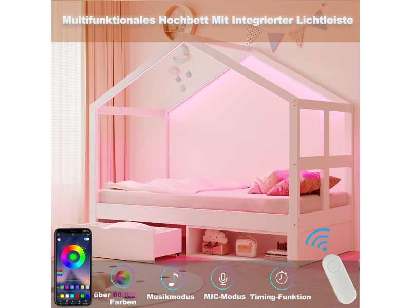Lit simple enfant 90 x 190 cm avec tiroirs et petit meuble à chaussures, éclairage led et sommier à lattes, toit en forme de maison, bois, blanc Morn Vibe - Conforama E